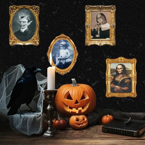 3D Moving Portrait Halloween Wall Decor Set - Spooky Optical Illusion, Gothic Frame, 4 Pack