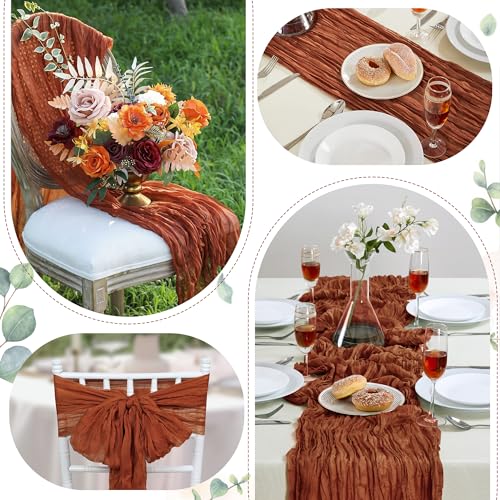 Boho Style Cheesecloth Table Runner with Pink Silk Roses for Wedding & Party Decor
