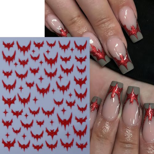 Halloween Bat & Cat Nail Art Stickers Set - Self-Adhesive 3D Horror Goth Decals for Nails - Dark Black & Red Glitter - Variation: Halloween Bat Cat