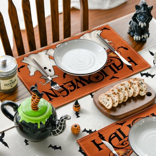 Halloween Placemats Set of 4 - Orange Ghost Boo 12x18 Inches Rectangular