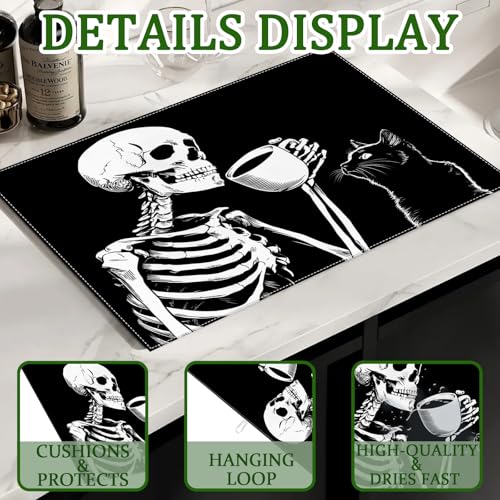 Skeleton Coffee Cat Dish Drying Mat - Reversible Black & White Microfiber Kitchen Rug 18x24 Inch
