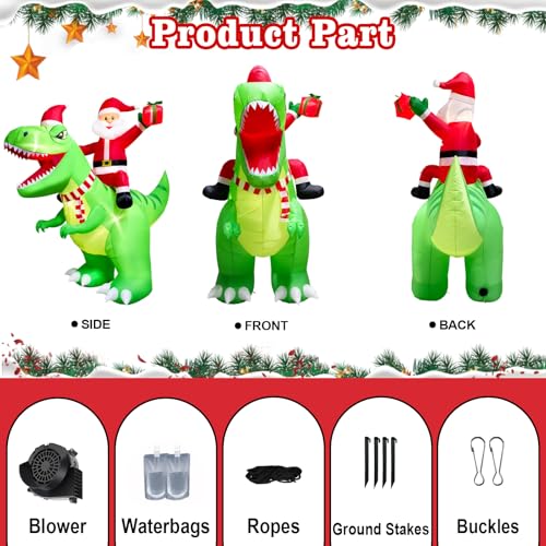 8FT Christmas Inflatable Santa Riding Dinosaur with LED Lights Outdoor Holiday Decor
