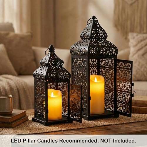 11-Inch and 15-Inch Black Moroccan Candle Lantern Set of 2 - Indoor Decorative Lanterns with Filigree Cutouts
