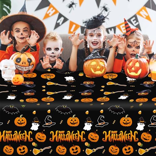 Halloween Tablecloth Rectangle 54x108 Inches - Black Disposable Plastic Cover - 3 Pack - Spooky Pumpkin Ghost Decor Variation
