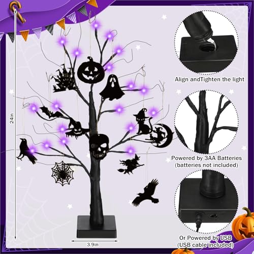 Black Halloween Tree with Lights - Indoor 24 Inch Decor with Ornaments & USB or Battery Power