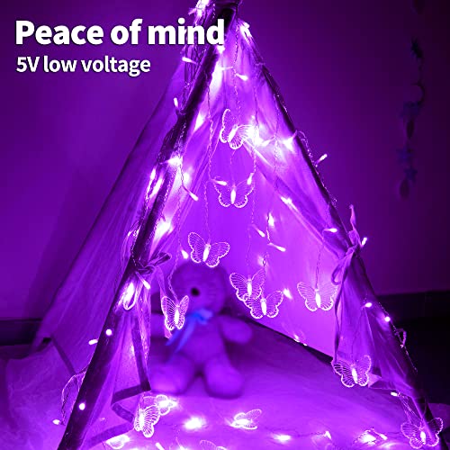 YOLIGHT Butterfly Curtain Lights 13ft Purple LED Fairy Lights with Remote