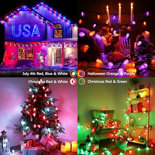 RGB Color Changing Christmas Lights - 35FT 54 LED Connectable Outdoor String with Remote & Dimmable Features