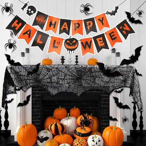 Halloween Decor Set - Mantel Scarf, Spider Table Runner, 3D Bats & Spiders, Happy Halloween Banner - Black 2