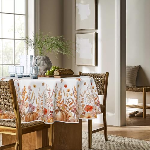 Horaldaily Fall Round Tablecloth 90 Inch Orange Maple Leaves Pumpkin
