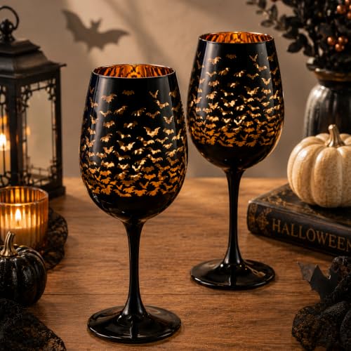 Halloween Bat Wine Glasses Set - Black & Orange Stemmed Goblets, 15oz, 2 Pcs