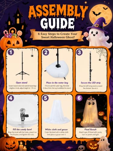 Halloween Candy Bowl Stand with Light-Up Ghost Decor - 32 Inch White, Includes Water Bag