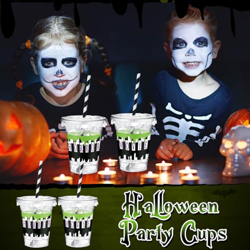 Halloween Cups with Lids & Straws - Horror / Black - 50 Pack, 12 oz