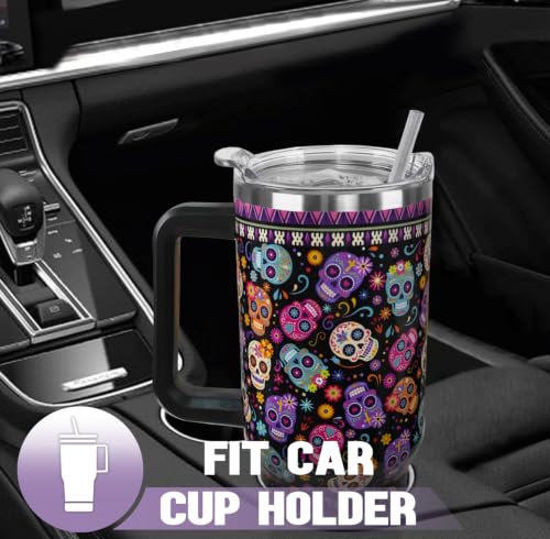 Halloween Day of the Dead Tumbler with Handle 40oz Sugar Skull Travel Mug - Multi Skull Variation