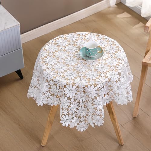 White Crochet Lace Tablecloth 36x36 Inch Rustic Farmhouse Style for Picnic & Outdoor Use