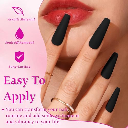 Black Long Coffin Press On Nails Set - 120 Pc Matte Fake Nails with Glue