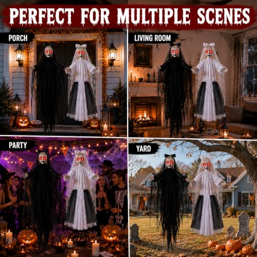 Halloween Hanging Twin Sisters Decorations with LED Eyes & Sound - Black White Twin Haunted Bride