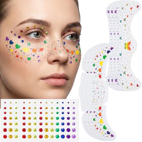 Wehhbtye Rainbow Freckles Face Tattoos & Gems Sticker Set - Pride Month Makeup Accessories