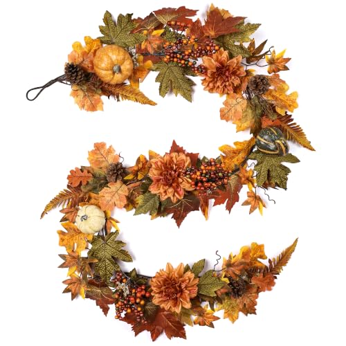 Fall Garland with Maple Leaves, Pumpkins & Pine Cones - Style 1 - 6 Ft Autumn Decor