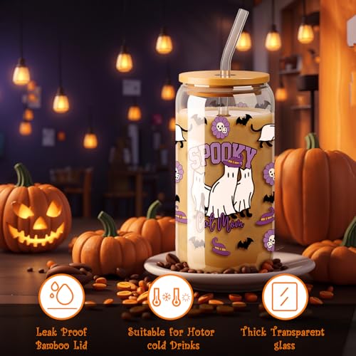 Halloween Ghost & Cat Glass Cup with Lid Straw & Brush 16 oz - Cute Spooky Drinkware