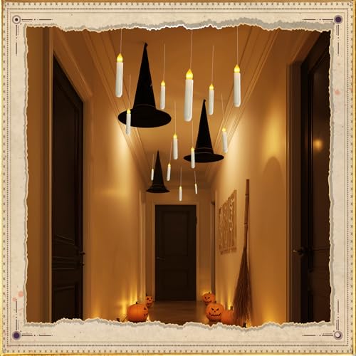 Floating Candle Set with Wand Remote - 12 Warm Yellow Flameless LED Candles - Witch Decor