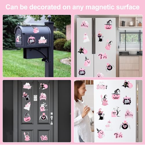 Halloween Refrigerator Magnets Set - Pink Pumpkin Ghost Spider Bat Decals for Fridge & Metal Surfaces