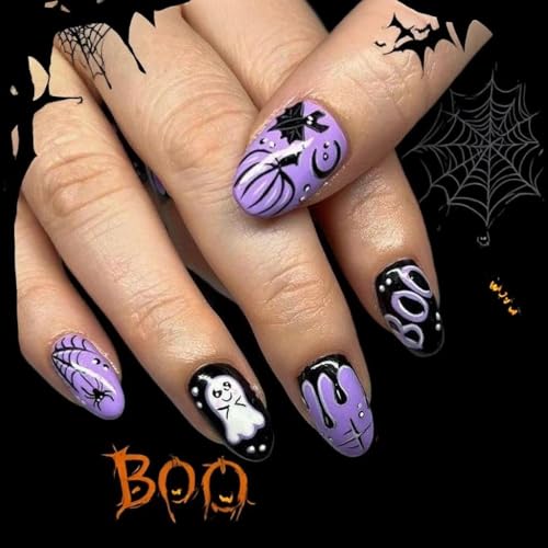 OCOUYVD Halloween Short Almond Fake Nails with Ghost & Pumpkin Design - 24PCS Variation 59