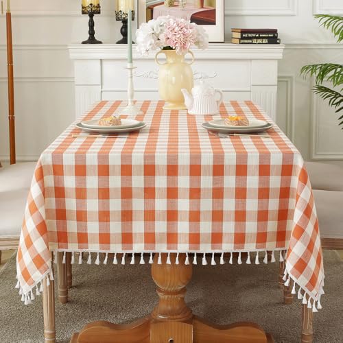 Alsoo Fall Gingham Square Tablecloth 55x55 Inches Cotton Linen Style - Orange & White