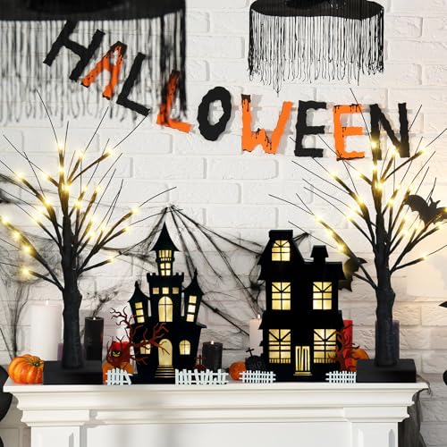 Halloween Table Decorations Set with Haunted Houses and Birch Trees - Indoor Usable