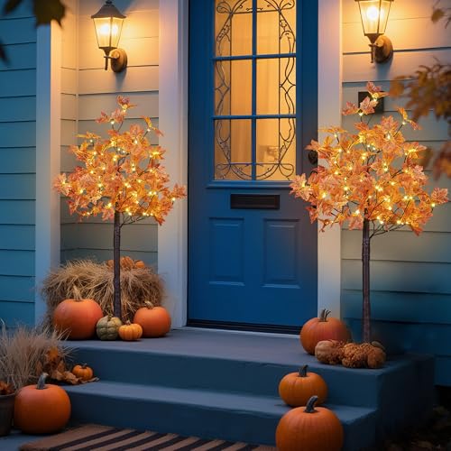 Artificial Fall Maple Tree with 144 Warm White LED Lights - 4FT Orange Indoor Outdoor Decoration - Variation 4FT-2