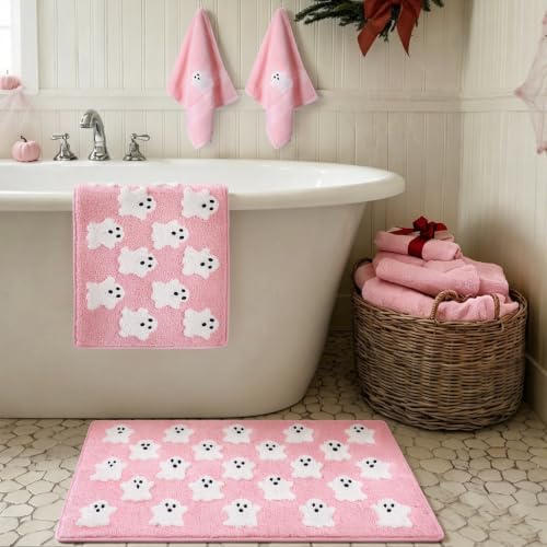 Pink Halloween Ghost Bathroom Rugs and Towels Set - 4 Piece Decor