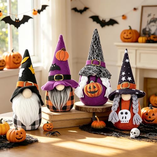 Halloween Gnome Decor Set - 4 Plush Hanging or Tabletop Gnomes for Fall & Holiday