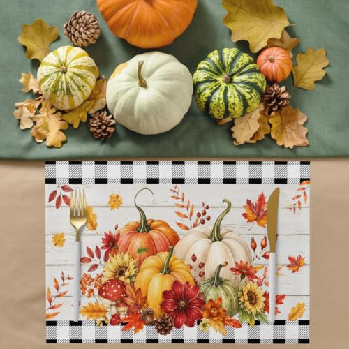 Orange & Black Fall Placemats Set of 6 - Non Slip Washable Farmhouse Table Mats