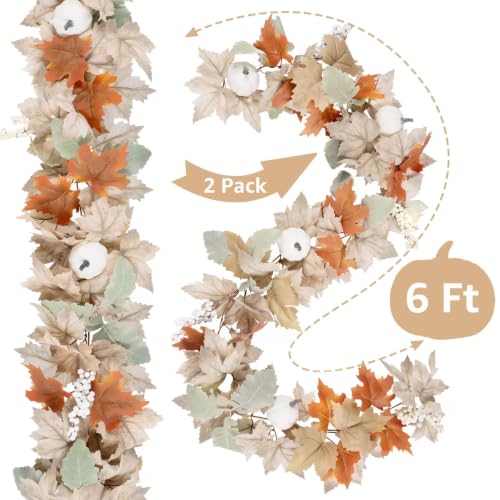 6FT Fall Garland Pack - Autumn Leaves Decor for Mantle Fireplace Porch