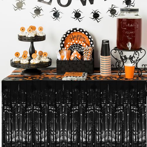 Black Foil Fringe Table Skirt Set - 2 Pack 29.5x108 Inch for Party Decor