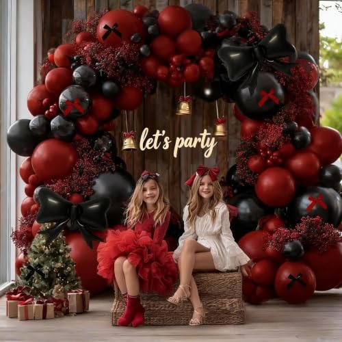 Dark Red Black Balloon Arch Kit with Bow - Burgundy & Maroon Balloon Garland for Birthday Halloween Wedding