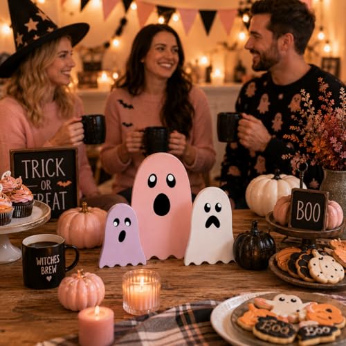 Pink Halloween Ghost Decor Set - Wooden Tabletop Seasonal Decorations