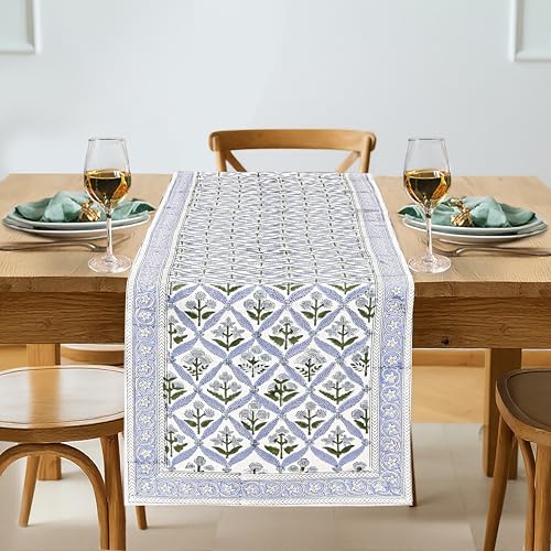 Light Steel Blue Hand Block Print Cotton Table Runner 16x70 Inches - Traditional Craftsmanship