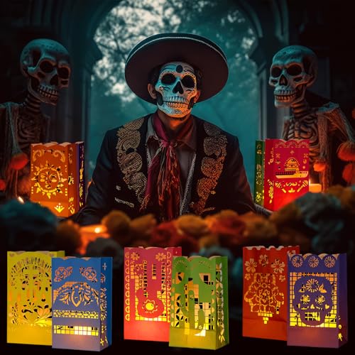 50 Pack Dia de Los Muertos Luminary Bags for Halloween Party Decorations