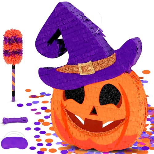 Funny Pumpkin Halloween Piñata with Witch Hat - Large 20 Inch Party Game Set