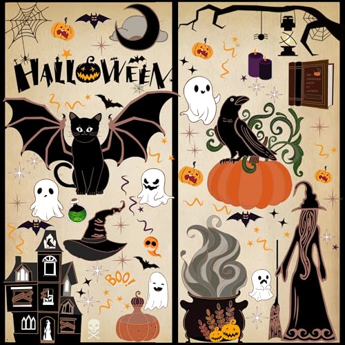 Reusable Gothic Halloween Window Clings - Vintage Victorian Ghost & Cat Design