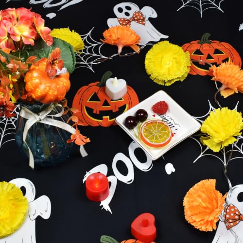 Halloween Tablecloth 60x84 Inch Rectangular - Black Ghosts & Pumpkins, Durable Polyester