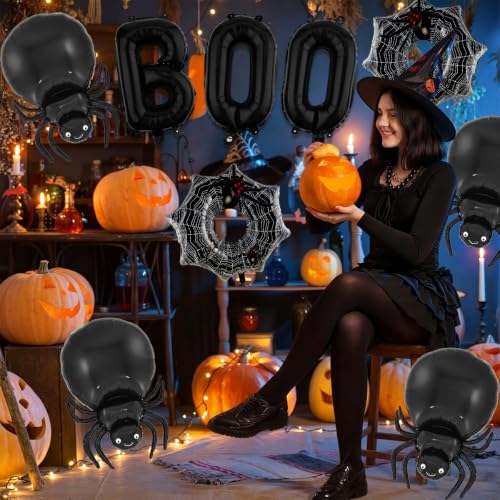 Halloween Foil Balloons Set - Black Boo, Spider, Web Decorations for Party