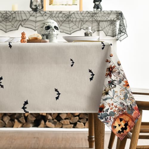 Horaldaily Halloween Tablecloth 60 x 84 Inch Rectangular Bat Ghost Pumpkin Beige