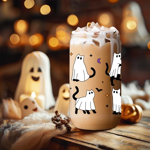 Halloween Cat Ghost Glass Cup with Lid and Straw - Spooky Cute Party Drinkware