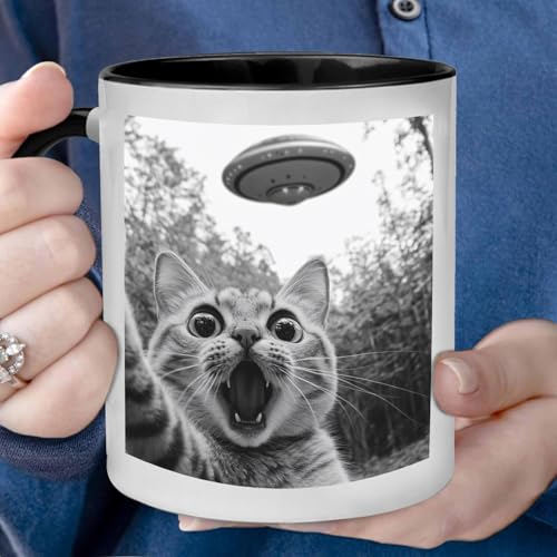 Funny Cat Selfie with UFO Alien Mug - Cat Lovers Gift, 11oz, Variation Cat Selfie 1
