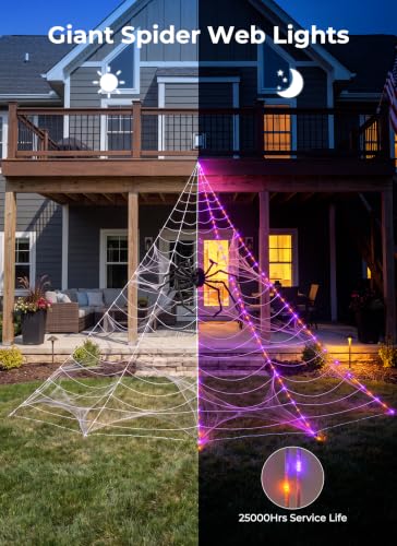 Halloween Outdoor Decorations Giant Spider Web Lights - Orange & Purple, 255 LEDs, 8 Modes