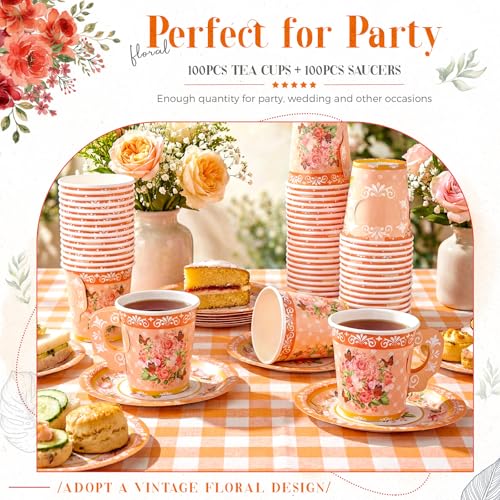 Disposable Floral Paper Tea Cups & Saucers Set - 7 oz Orange for Tea Party