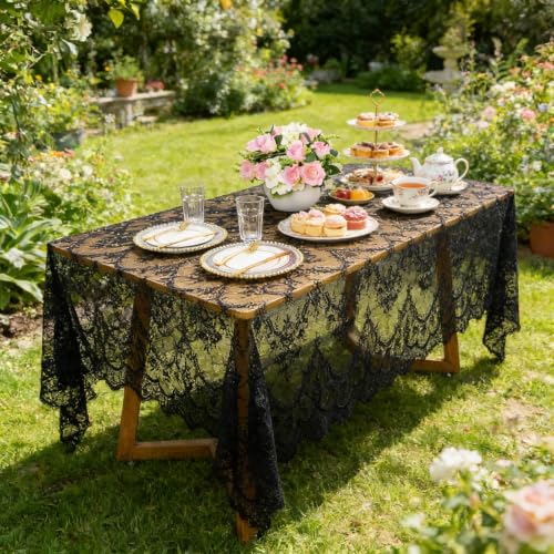 Black Lace Tablecloth 60x120 Inches - 2 Pack Wedding & Party Overlay, Rectangular