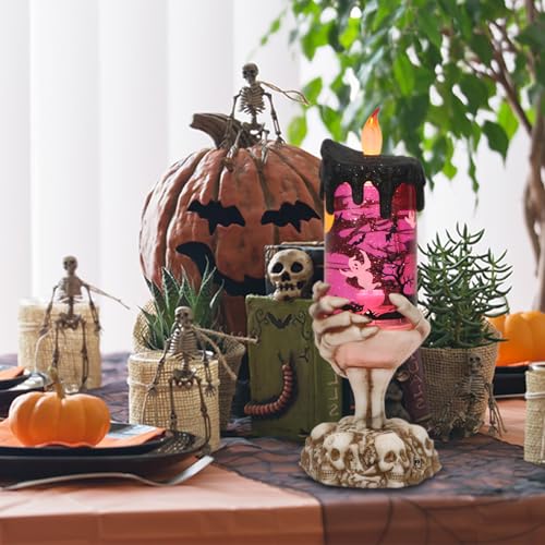 Ghost Snow Globe Flameless Candle with Timer - Skeleton Hand Halloween Decor - 4 Ghosts