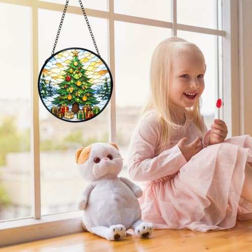Winter Pine Tree Suncatchers Stained Glass Window Hanging Christmas Tree-3